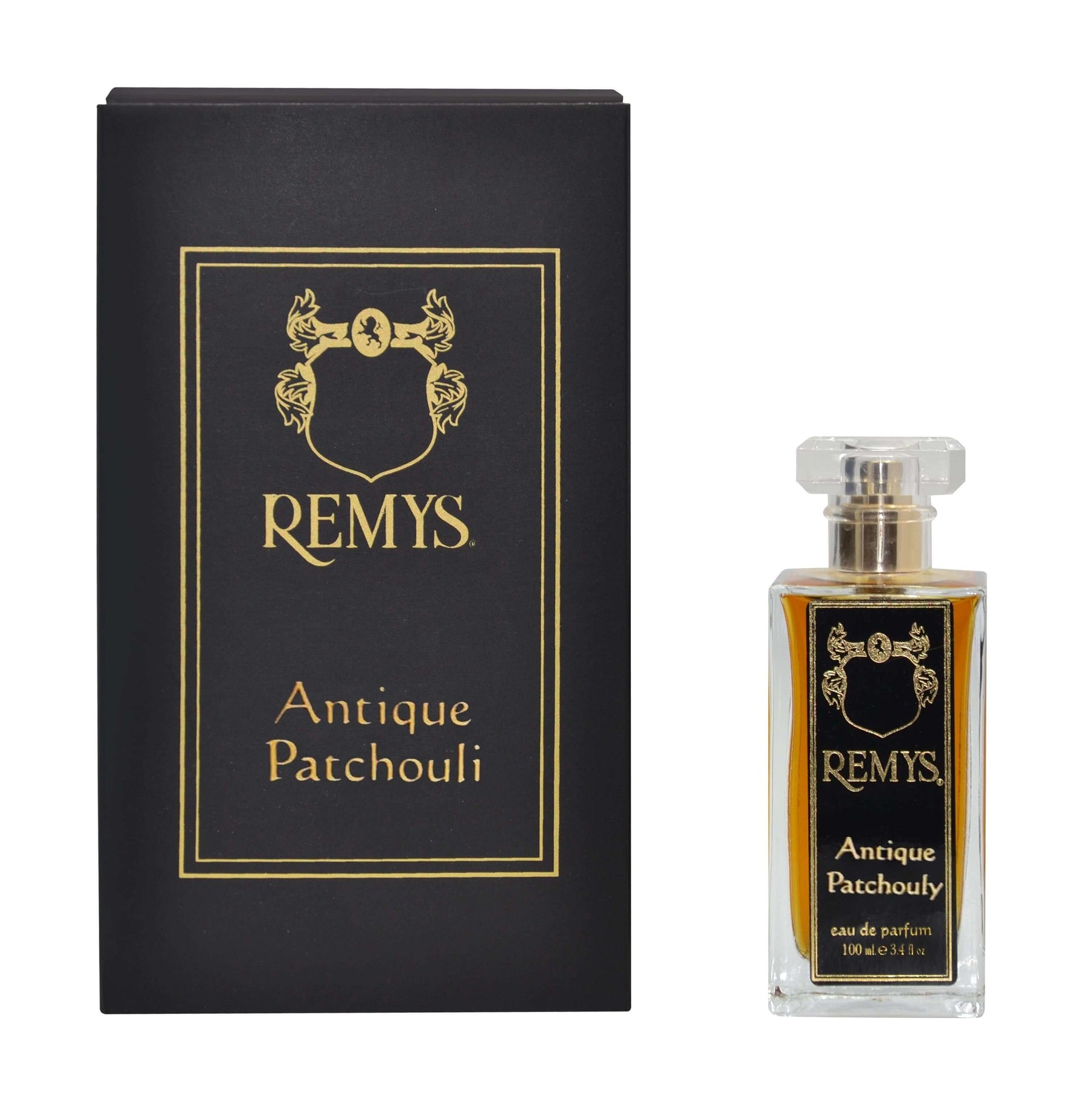 Boccetta di profumo Antique Patchouli con confezione nera e oro