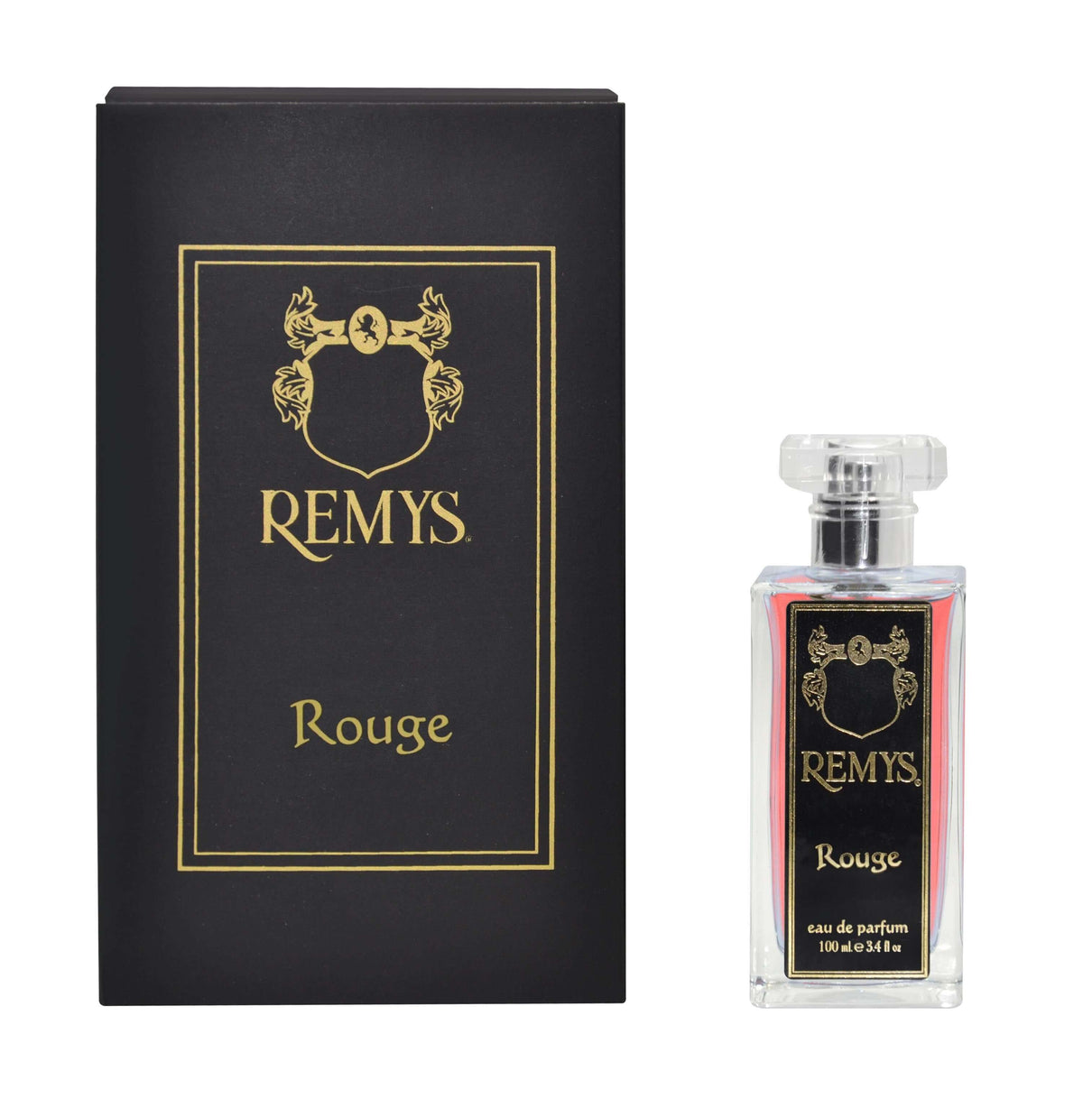 Boccetta di profumo Rouge con confezione nera e oro